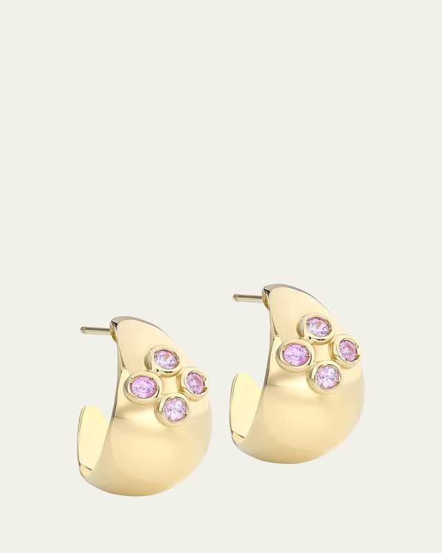 18K Yellow Gold Dome Hoop Earrings with Pink Sapphires